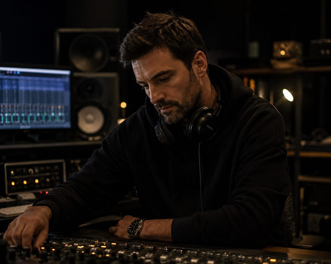Slate7 at the mixing desk in his studio